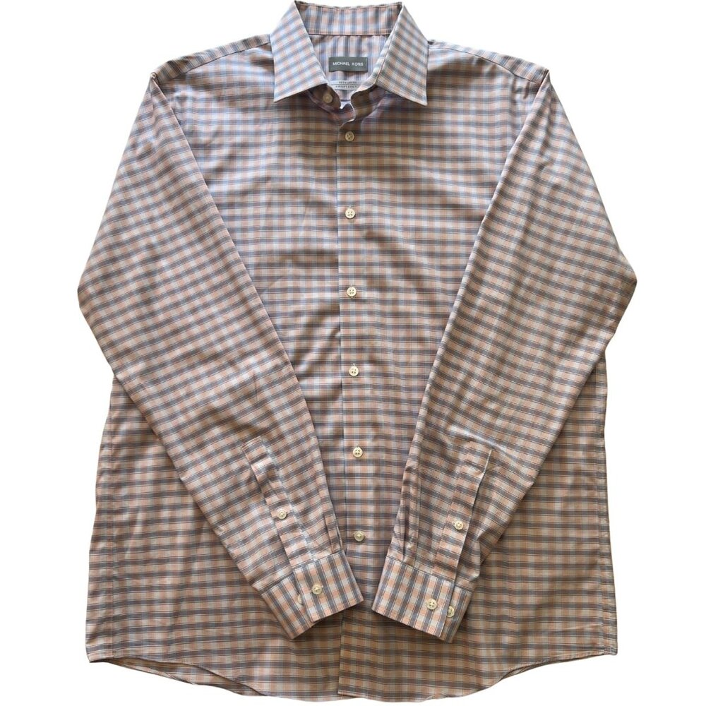 Michael Kors Men's L 16.5 34/35 Tattersall Check Plaid Button Up Airsoft Stretch